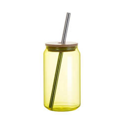 400 ml glas met een rietje en een bamboe deksel voor sublimatie - geel