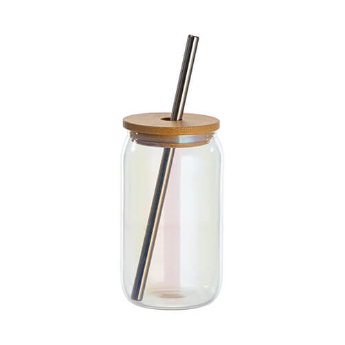 Een 400 ml glas met een rietje en een bamboe deksel voor sublimatie - iriserend paars