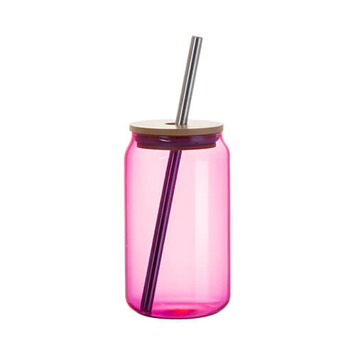 Een 400 ml glas met een rietje en een bamboe deksel voor sublimatie - paars