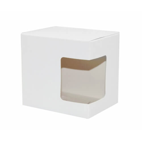 Een doos voor een mok van 330 ml met een venster van karton en materiaal om te bedrukken met de kleursublimatiemethode