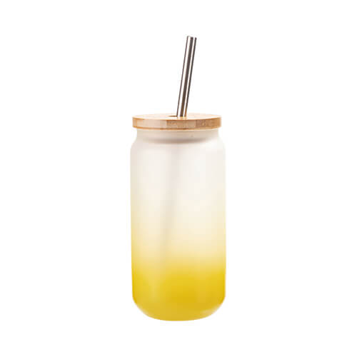 Een matglas van 550 ml met een rietje en een bamboe deksel voor sublimatie - geel verloop