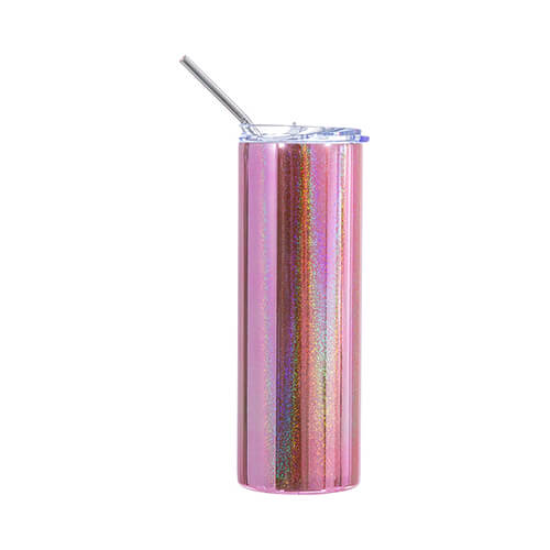 Mok van 600 ml met een rietje voor sublimatie - gemetalliseerd roze met glitter