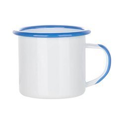 360 ml enamel mug with a blue rim and a sublimation handle