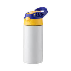 A 360 ml children's water bottle made of stainless steel for sublimation - white with a yellow / blue screw cap