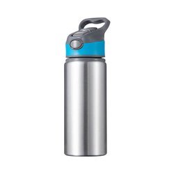 Aluminum water bottle 650 ml silver with a screw cap with a blue insert for sublimation