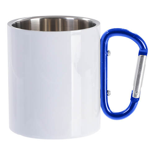 Metal mug 300 ml for sublimation with a blue carabiner handle white