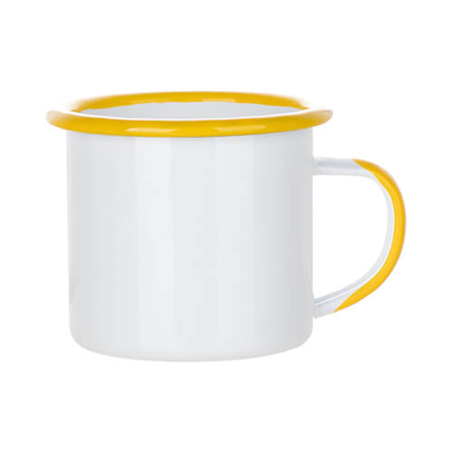 360 ml enamel mug with a yellow rim and a sublimation handle