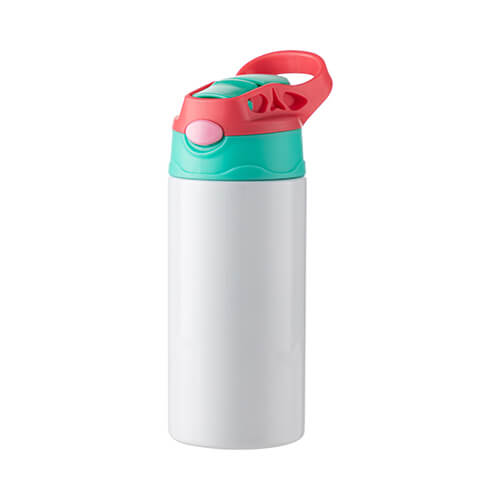 A 360 ml children's water bottle made of stainless steel for sublimation - white with a green-pink screw cap