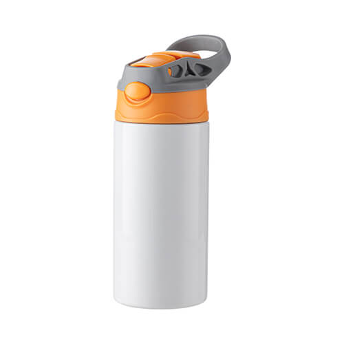 A 360 ml children's water bottle made of stainless steel for sublimation - white with an orange-gray cap