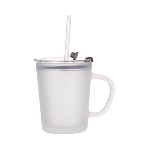 A frosted glass mug 400 ml with a lid and a straw for sublimation