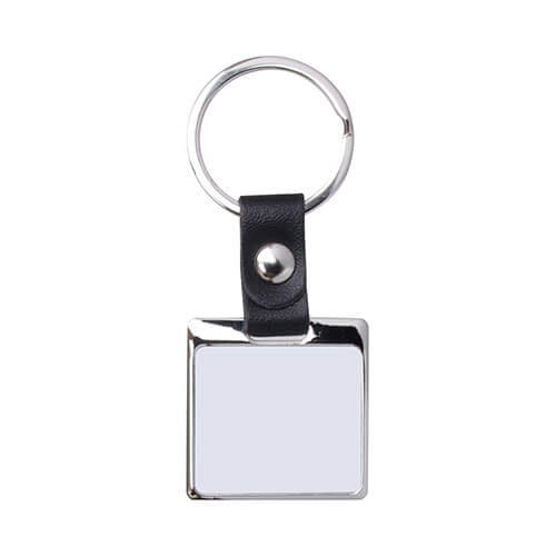 A metal keychain for sublimation keys - a square on a black strap