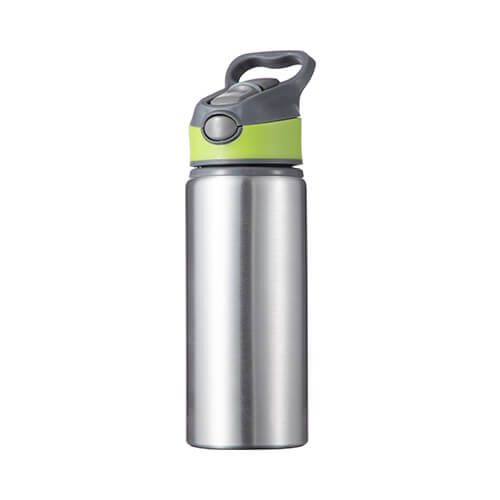 Aluminum water bottle 650 ml silver with a screw cap with a green insert for sublimation