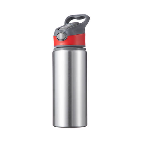 Aluminum water bottle 650 ml silver with a screw cap with a red insert for sublimation