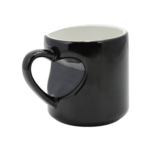 Magic mug for couples with eyelet in the shape of heart for sublimation printing - black