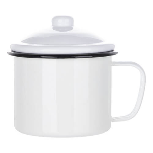 Metal enamel mug 1000 ml with a lid for sublimation - white with a black edge