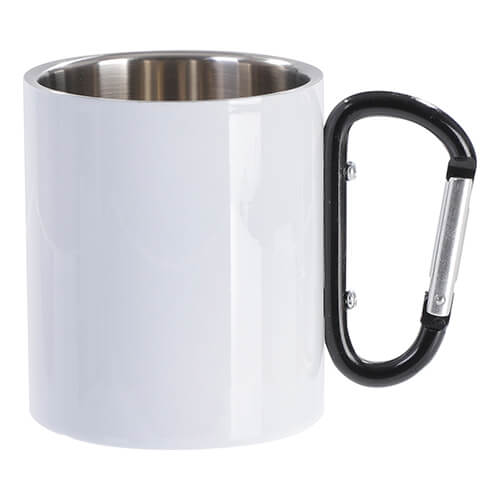 Metal mug 300 ml for sublimation with a black handle and a carabiner - white