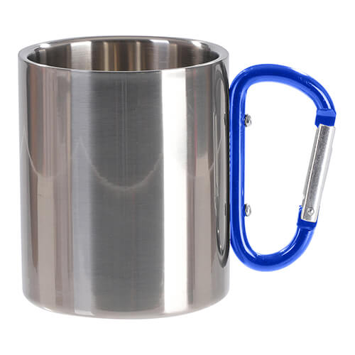 Metal mug 300 ml for sublimation with a blue carabiner handle - silver