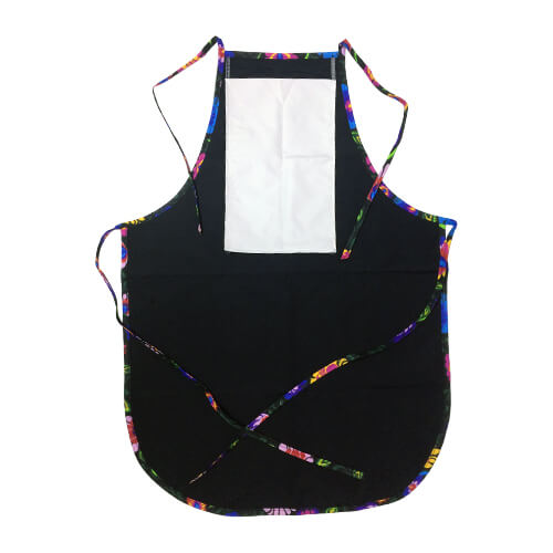 Rounded apron with pocket for sublimation - black with colorful trimming - Black Slavic flowers