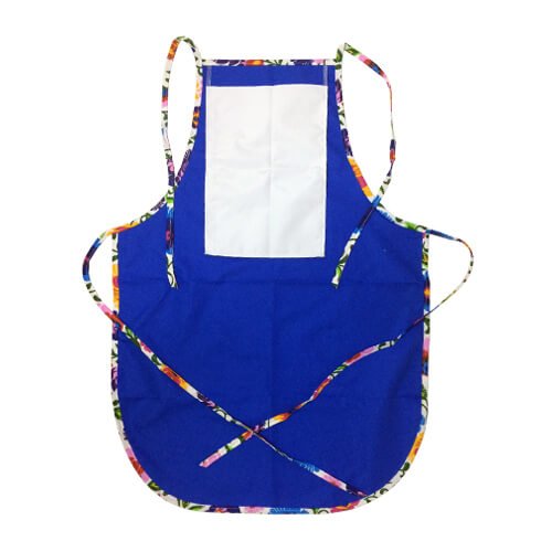 Rounded apron with pocket for sublimation - blue with colorful trimming - White Slavic flowers