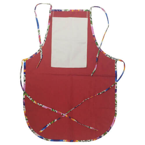 Rounded apron with pocket for sublimation - red with colorful trimming - White Slavic flowers