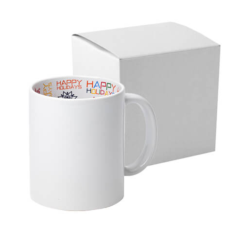 Mug 330 ml avec intérieur HAPPY HOLIDAYS pour sublimation avec une boîte en carton