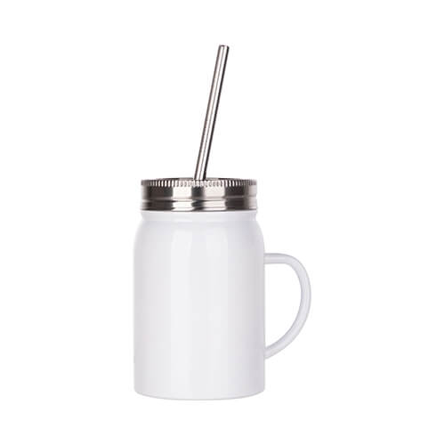 Mug Mason Jar 500 ml avec paille et anse sublimation - blanc
