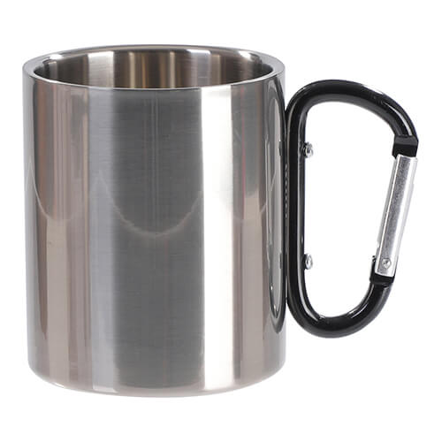 Mug en métal 300 ml pour sublimation avec une anse noire et un mousqueton - argent