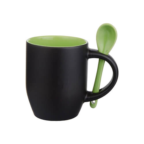 Mug magique avec cuillère pour sublimation – noir mat avec intérieur vert clair