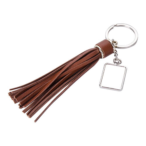 Porte-clés houppe métal et similicuir avec pendentif rectangulaire pour sublimation - marron