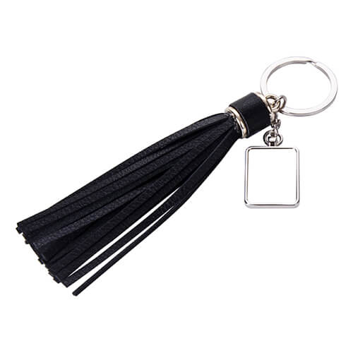 Porte-clés houppe métal et similicuir avec pendentif rectangulaire pour sublimation - noir