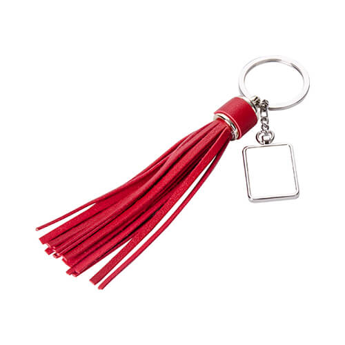Porte-clés houppe métal et similicuir avec pendentif rectangulaire pour sublimation - rouge