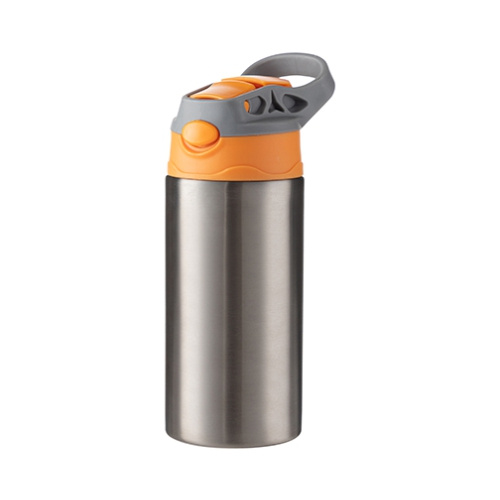 Une bouteille d'eau pour enfants de 360 ml en acier inoxydable pour la sublimation - Argent avec un bouchon orange-gris