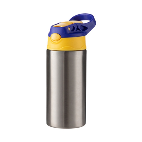 Une bouteille d'eau pour enfants de 360 ml en acier inoxydable pour la sublimation - argent avec un bouchon à vis jaune/bleu