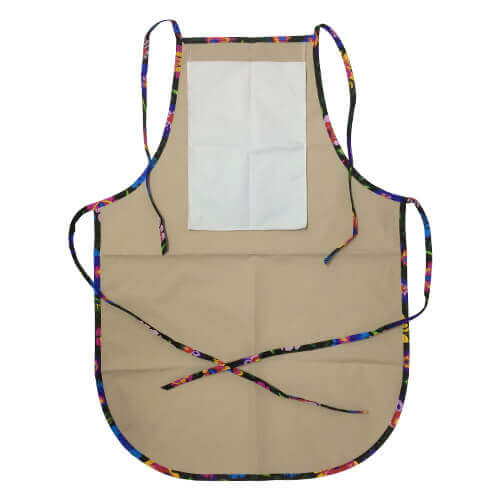 Zaobljena kuhinjska pregača s džepom za printanje - bež s obojenim rubom - crno slavensko cvijeće