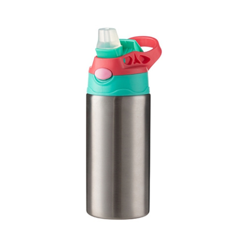 A 360 ml children's water bottle made of stainless steel for sublimation - Silver with a green-pink screw cap