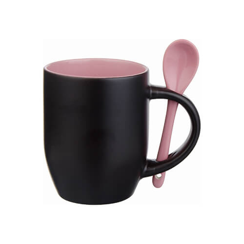 Taza mágica con cuchara para impresión por sublimación - alfombra negra con interior rosa