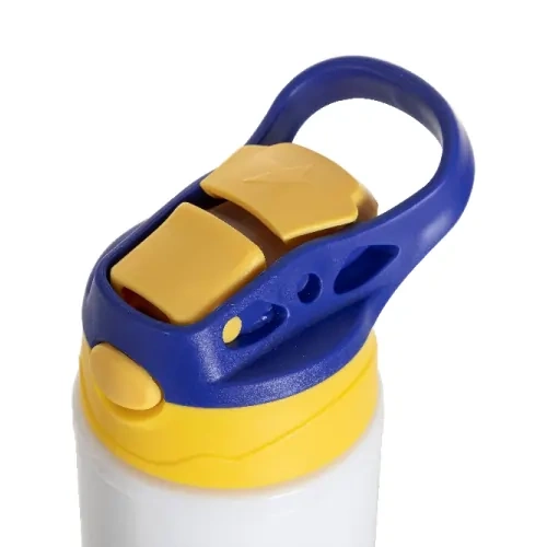 Botella de aluminio 500 ml blanca con tapón amarillo y asa azul para sublimación