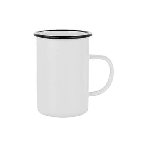 Emaliuotas puodelis 450 ml baltas su juodu apvadu Sublimacijos terminis perkėlimas