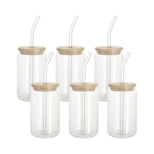 Set van 6 glazen van 400 ml met rietje en bamboe deksel voor sublimatie 