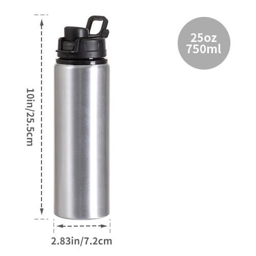 Sticlă de apă din aluminiu 750 ml cu capac din plastic cu mâner sublimat - argintiu