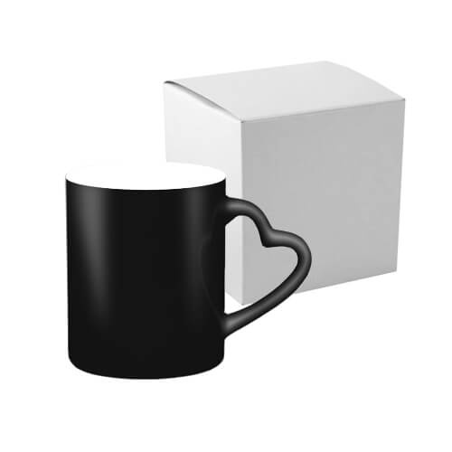 Svart magisk mugg med hjärtformat handtag och en kartong Sublimation Thermal Transfer