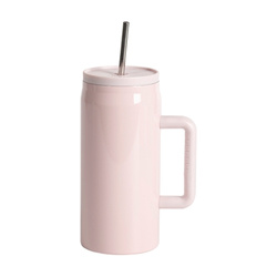 Potovalni vrč iz nerjavečega jekla 1200 ml z ročajem in slamico, z vodoodpornim pokrovom - svetlo roza