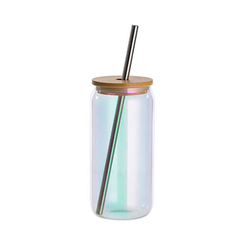 A 550 ml glass with a straw and a bamboo lid for sublimation - iridescent blue