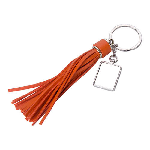 Porte-clés houppe métal et similicuir avec pendentif rectangulaire pour sublimation - orange