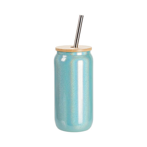 A 550 ml glass with a straw and a bamboo lid for sublimation - Blue glitter