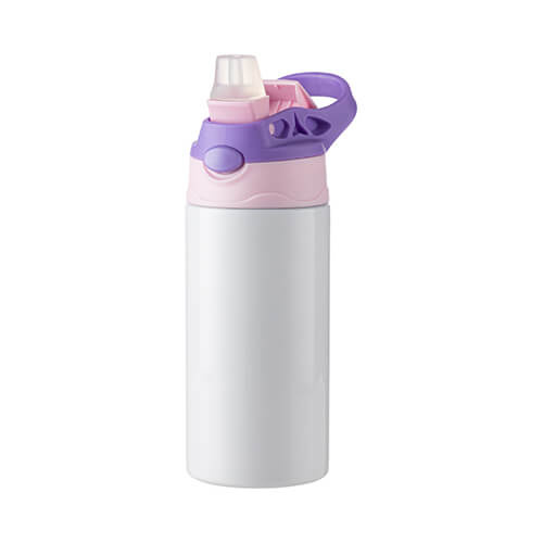 Une bouteille d'eau pour enfants de 360 ml en acier inoxydable pour la sublimation - blanc avec un bouchon à vis rose-violet