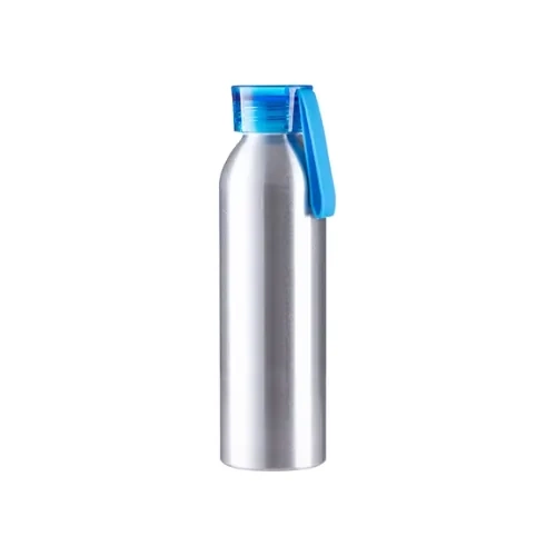 Alumīnija sporta pudele 650ml sudraba krāsā ar zilu vāciņu un sublimācijas joslu