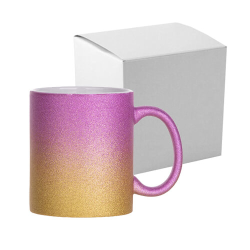 330 ml krus med glitter til sublimering med papkasse - guld-pink gradient