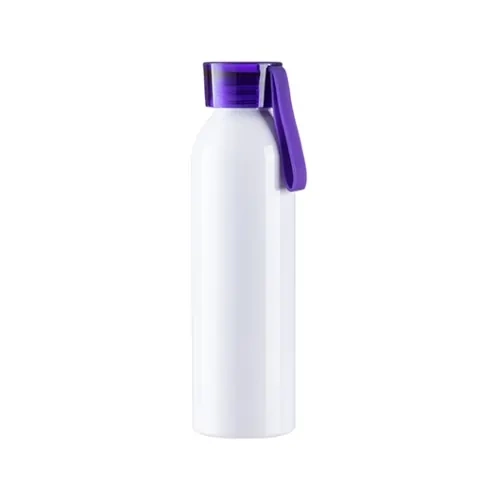 Aluminum sports bottle 650 ml white with purple cap and sublimation stripe