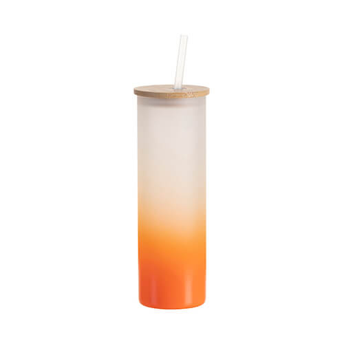 Hrnček s objemom 600 ml, matným povrchom, bambusovým vekom a slamkou na sublimáciu - oranžový gradient